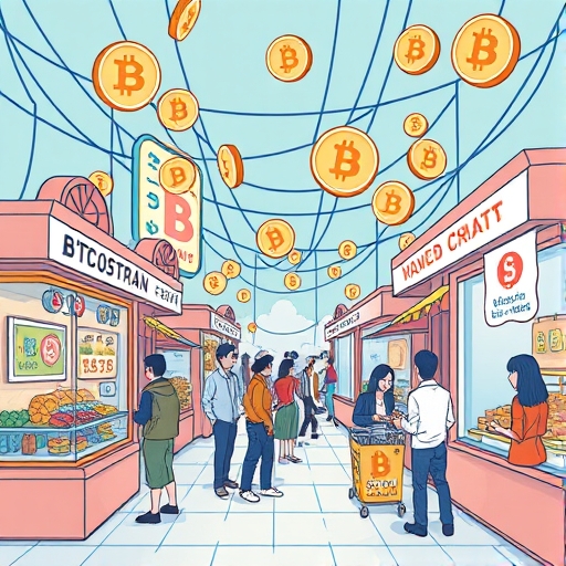 比特幣現金 BCH 在繁忙數位市場中快速交易的插圖,展示低手續費支付優勢與商家接受度