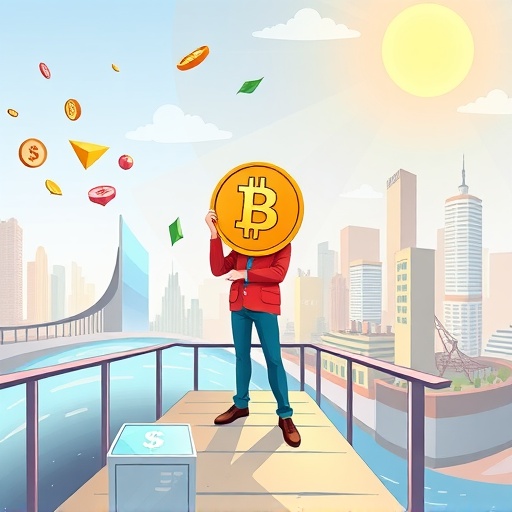 人物手持數位美元幣連接區塊鏈與傳統金融城市的溫暖插圖，DAI 橋接 DeFi 與傳統資產概念圖