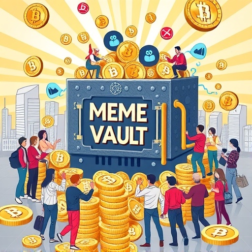 MemeCore Meme Vault 充滿數位幣與迷因圖示的動感插圖，周圍社群活躍參與區塊鏈經濟