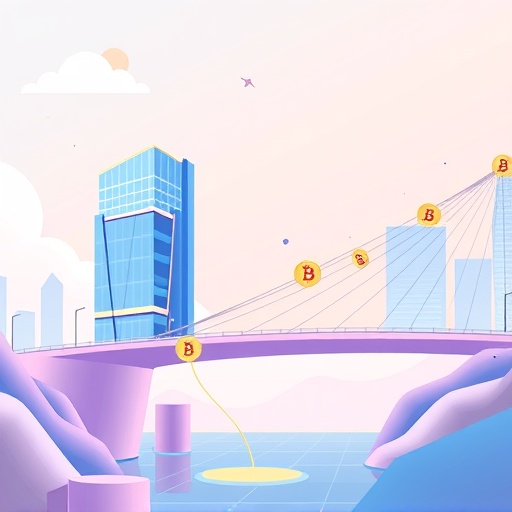 動感插圖展示 BGB 代幣流動於現代金融大樓與未來去中心化網絡間的無縫橋樑