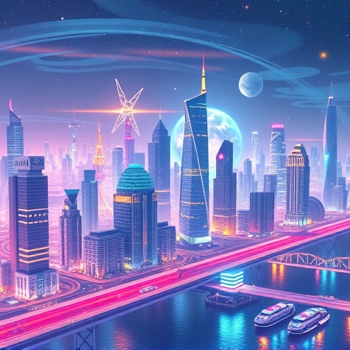 Uniswap 基於區塊鏈技術的未來城市景觀,象徵 DeFi 生態擴張與智能合約橋樑