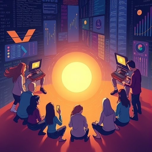 Polkadot 生態合作插圖,數位化身圍繞中央光球建構去中心化未來,象徵共享安全與平行鏈創新