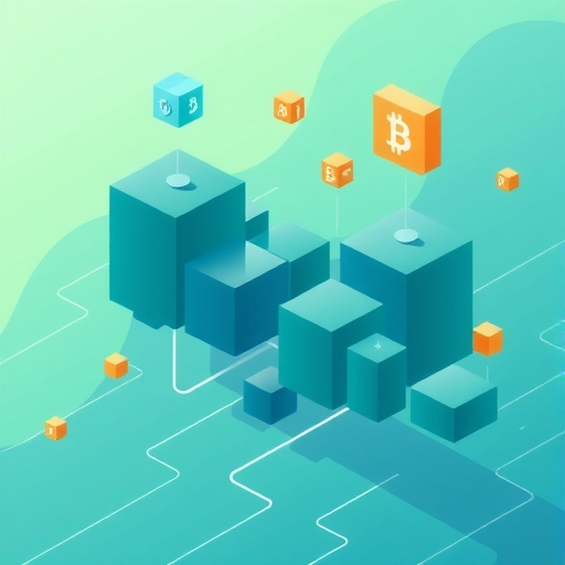 數位帳本與質押礦池驗證區塊的風格化插圖,展示 Cardano ADA 質押的運作原理