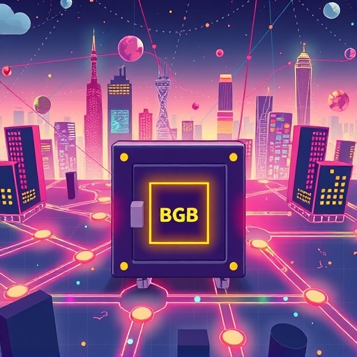 BGB 代幣在充滿活力的數位城市景觀中的風格化插圖,展現區塊鏈互聯路徑與中央安全金庫
