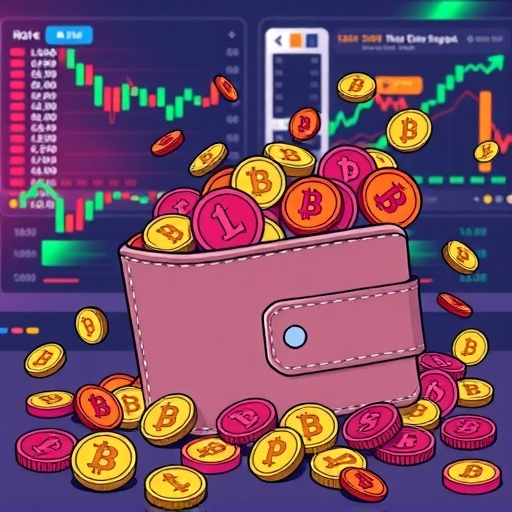 數位錢包滿載彩色PEPE幣的風格化插圖，展示去中心化交易所的繁忙介面與成長興奮感