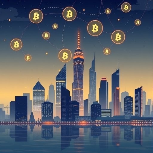 Cardano 智能合約環境的未來城市天際線風格插圖，代表安全且可擴展的區塊鏈平台