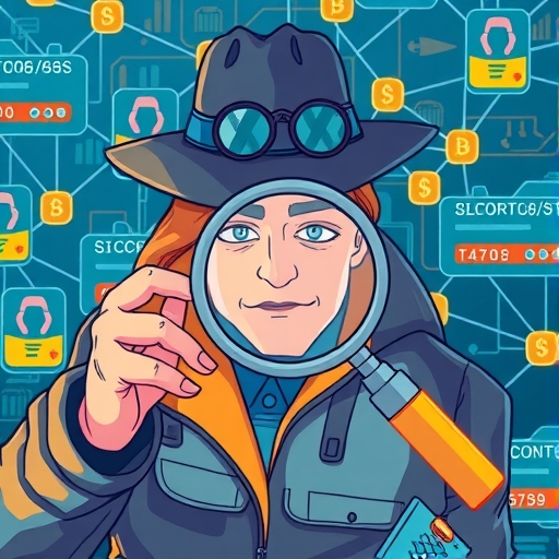 偵探用放大鏡檢查區塊鏈錢包地址的 USDT 詐騙調查插圖