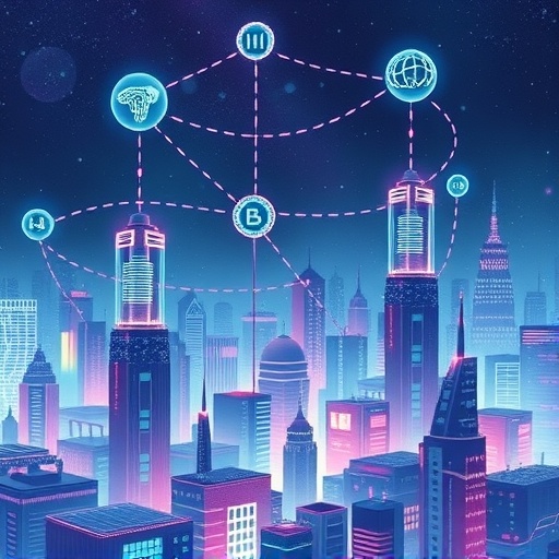 NEAR Protocol 未來區塊鏈城市圖示，整合 AI 元素與高效節點連接