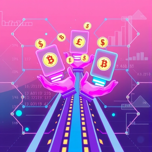 數位手交換加密貨幣數據封包的生動插圖,背景融入金融圖表,象徵 Chainlink 的數據傳輸與合作