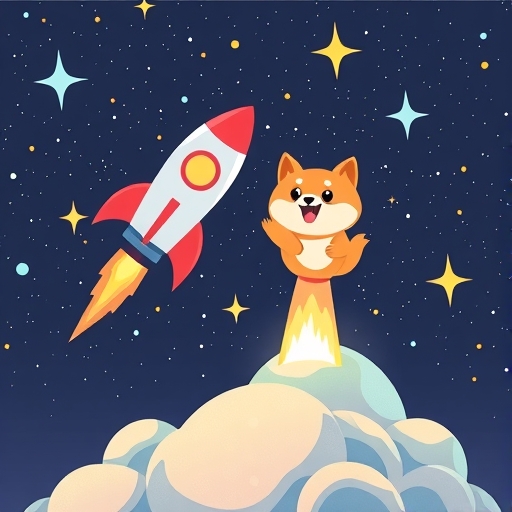 柴犬幣 Shiba Inu 狗狗發射 Shibarium Layer 2 網路火箭,從區塊鏈星球衝向數位銀河的奇幻插圖,象徵 Shiba Inu 技術升級與成長潛力
