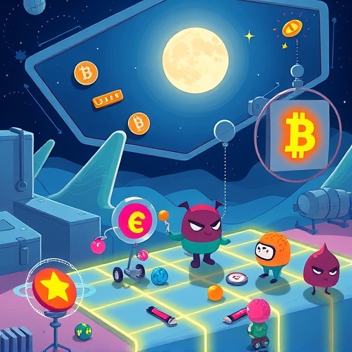 MemeCore 去中心化生態系統中色彩繽紛迷因角色在區塊鏈上交易資產的奇幻插圖