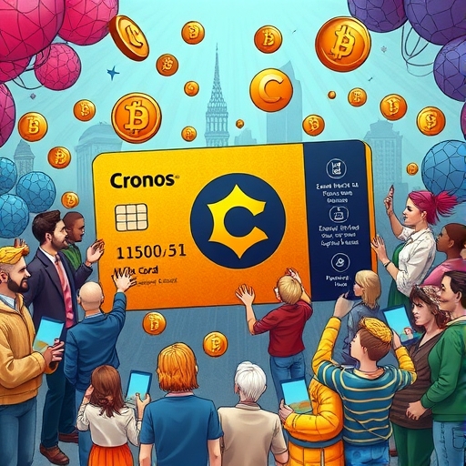 多元人群手持代幣互動 Cronos Visa 卡解鎖 Netflix Spotify 等福利的趣味插圖