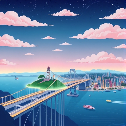 數位橋樑連接區塊鏈島嶼與現實世界數據城市的奇幻插圖,象徵 Chainlink 作為預言機的橋樑角色