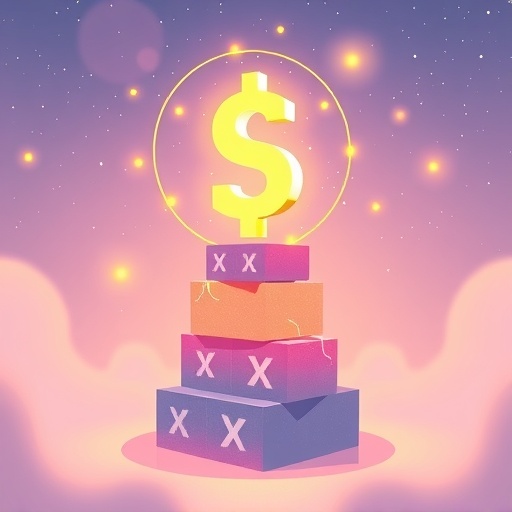 數位美元符號奇幻平衡在區塊鏈積木上的插圖，象徵 DAI 去中心化穩定幣的核心概念