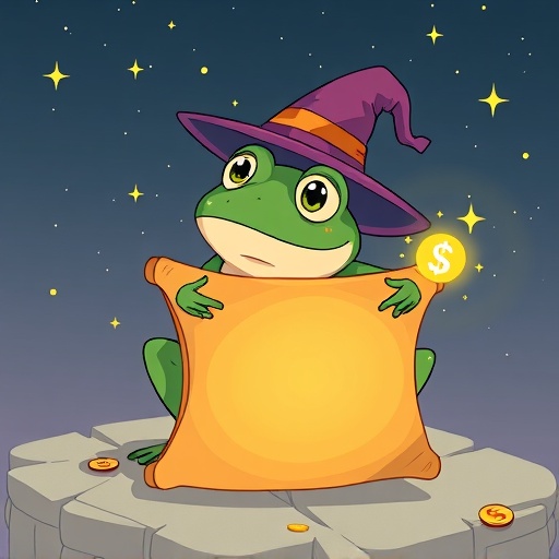 戴巫師帽的蛙角色施展數位貨幣魔法的奇幻插圖，代表PEPE迷因幣的神秘與不可預測性