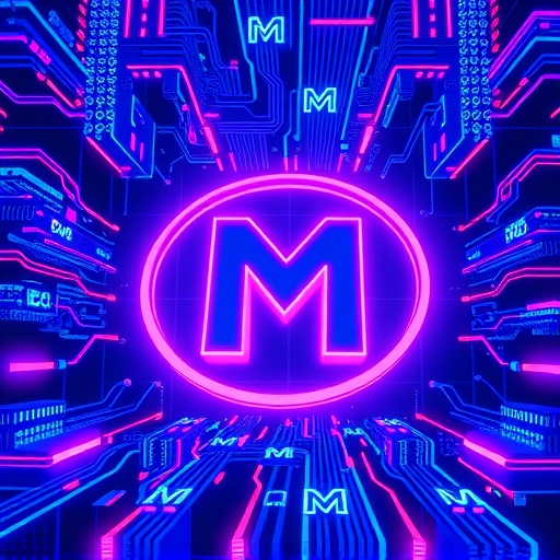 MemeCore Layer 1 區塊鏈與迷因文化融合的未來感藝術插圖，展示發光電路與抽象 M 符號