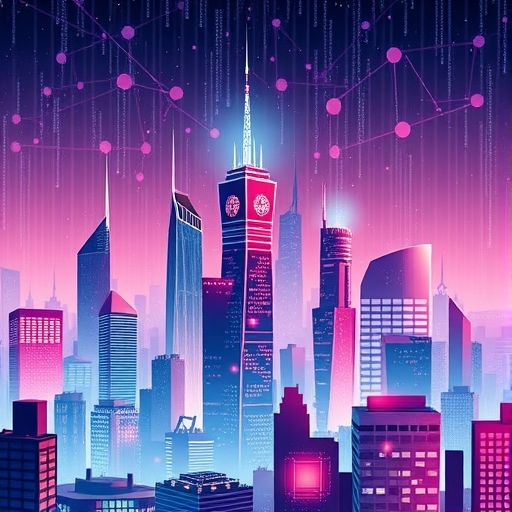 以太坊未來城市天際線的藝術插圖，展現高交易量與數位效率