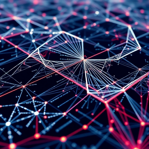 Cardano EUTXO 模型與雙層架構的數位帳本藝術渲染，傳達複雜優雅的區塊鏈設計