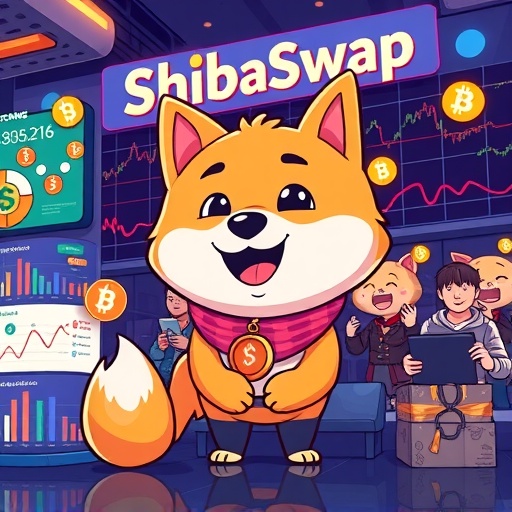 柴犬幣 Shiba Inu 狗狗活躍於 ShibaSwap 去中心化交易所介面的動感插圖,展示交易圖表與加密代幣交換,象徵 Shiba Inu 生態的創新活力