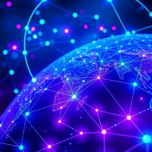 以太坊去中心化網路的生動插圖，展示全球計算基礎設施的互聯節點