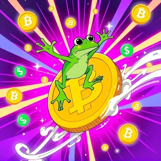 佩佩蛙迷因角色在加密貨幣浪潮中衝浪的插圖，象徵PEPE幣的病毒式傳播與市場熱度