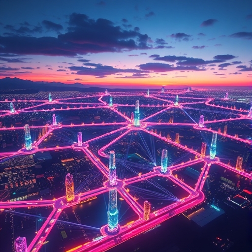 Polkadot 區塊鏈互聯網概念圖,展示多條互聯區塊鏈如未來城市般透過數據流連接