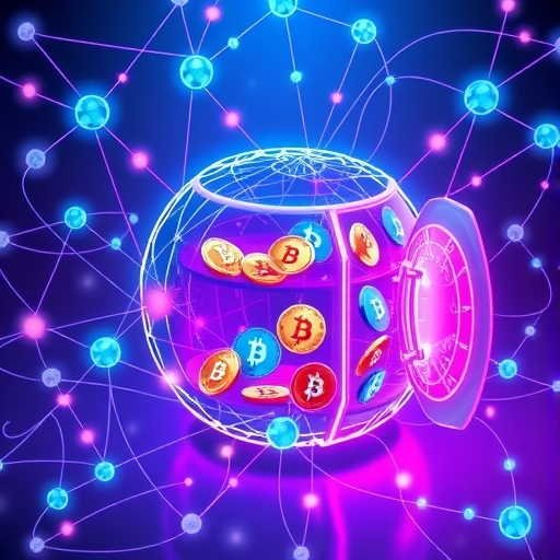 去中心化自治組織 DAO 網絡與充滿加密貨幣的金庫透明互動插圖，DAI Maker Protocol 運作示意圖