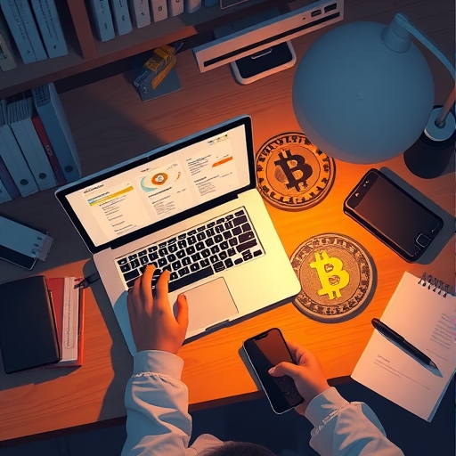 桌面顯示加密錢包介面與 ADA 幣圖示的俯視插圖,指導 ADA 質押教學步驟