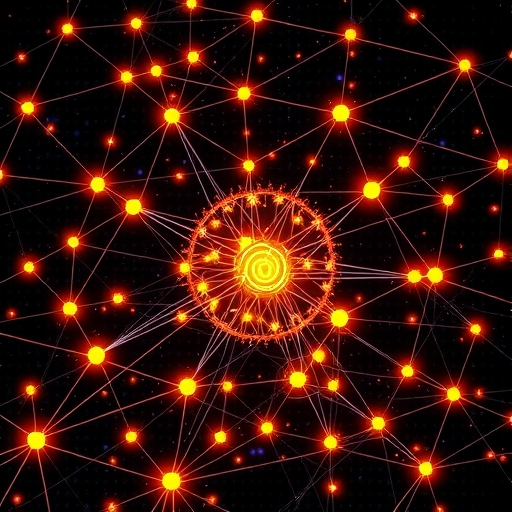 去中心化預言機網絡的俯視圖，顯示發光節點與數據流動的複雜結構，象徵 Chainlink 的運作原理