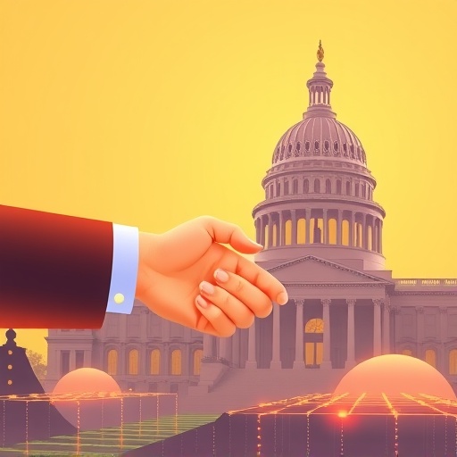 World Liberty Financial WLFI 與政治金融數位握手的插圖,象徵 DeFi 平台與主流金融的連結