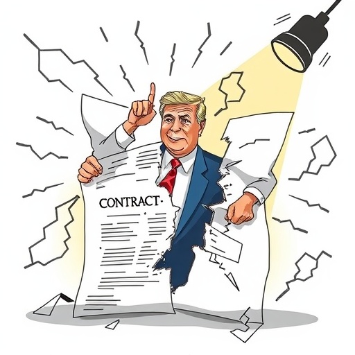 虛擬貨幣風險導致合約撕裂的風格插圖，背景公眾人物質疑陳零九事件