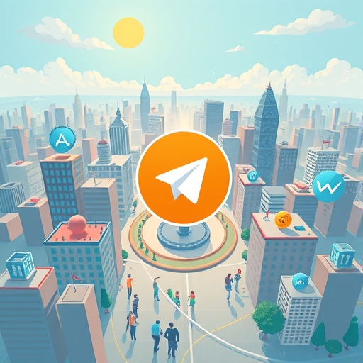 TON 去中心化網際網路基礎設施示意圖,如繁華數位城市象徵與 Telegram 應用深度整合