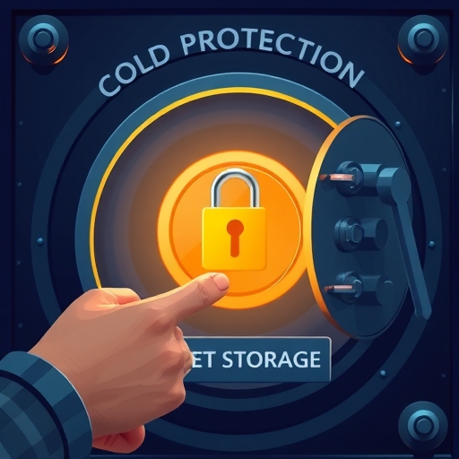 人物小心將數位鑰匙置入冷儲存保險庫的近景圖，象徵加密資產保護