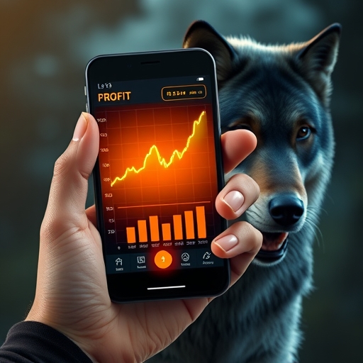 使用者手持手機顯示獲利圖表後方偽裝狼插圖，象徵交友殺豬盤 DeFi 詐騙