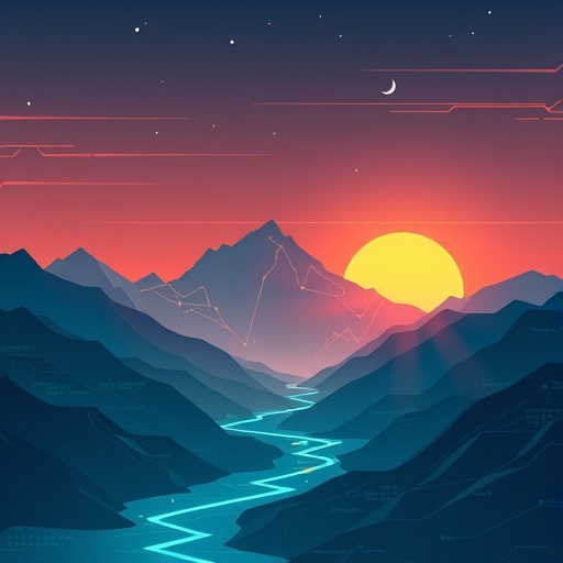 Sui 代幣經濟學的黎明景觀,象徵成長與創新的代碼河流與幾何形狀