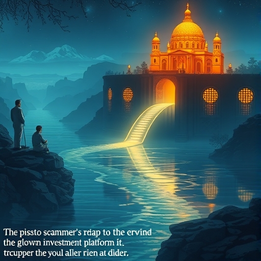 數位資金河流流入詐騙陷阱偽裝投資平台的防詐警示插圖，遠處用戶觀望