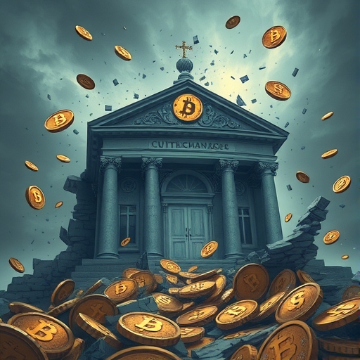 崩塌的加密貨幣交易所建築圖像，象徵幣圈雷曼時刻的危機