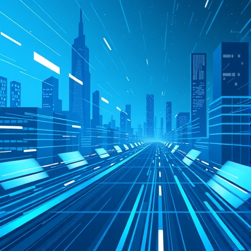 Hedera 交易速度與效率動態示意圖,未來數位城市中快速數據封包流動藍色調