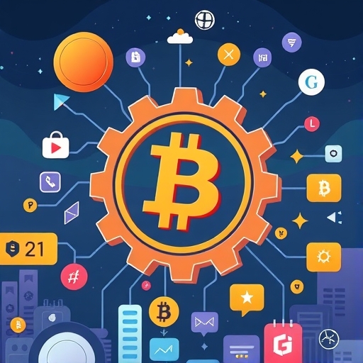 BNB 代幣作為去中心化應用生態系統中心齒輪的風格化插圖