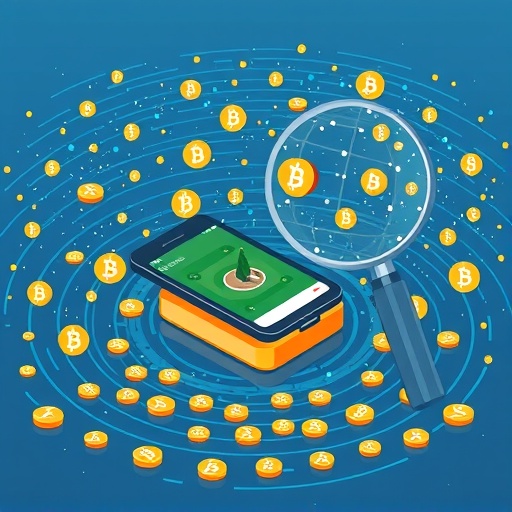 手機挖礦風險評估圖:手機如孤島環繞數位貨幣海洋並以放大鏡檢視象徵低潛力與需審慎評估