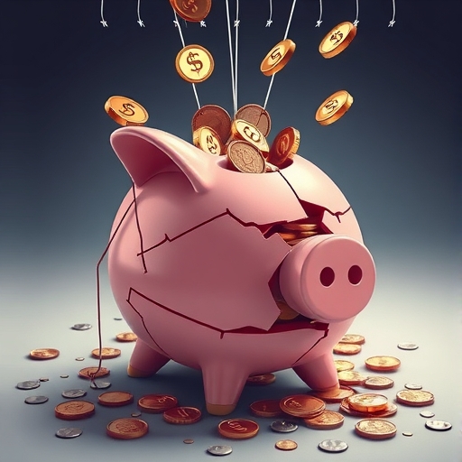 裂開存錢筒溢出數位幣被無形線拉走插圖，象徵 DeFi Rug Pull 抽地毯詐騙手法