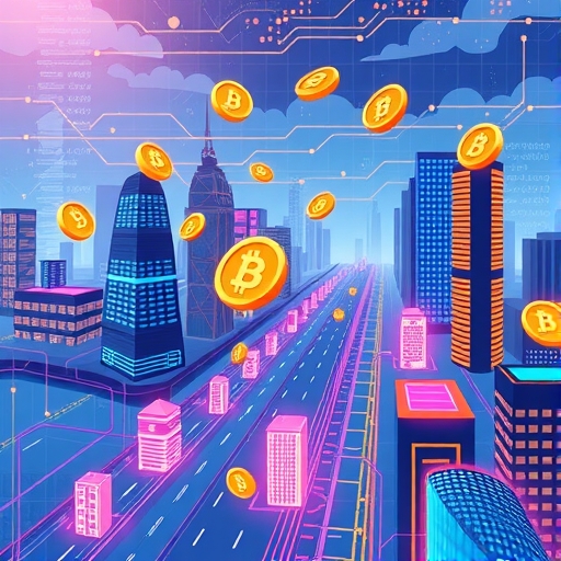 TRON 快速交易與低手續費的數位城市圖示,象徵飛馳的數位幣與順暢資料流