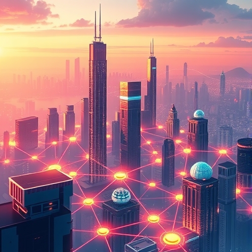 Sui 區塊鏈高性能 L1 公鏈的未來城市景觀,展示互聯發光節點與數據流動