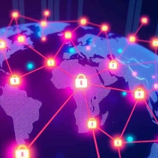 Hedera 全球企業網路示意圖,Google IBM 等巨頭節點以發光線條連接象徵信任創新