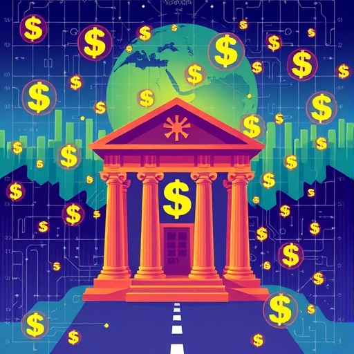 數位美元從傳統銀行流向現代區塊鏈網路的生動插圖,象徵 USDC 穩定幣的全球高效交易與跨境支付優勢