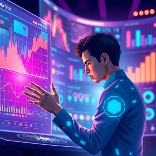 用戶與未來介面互動顯示圖表，象徵 Ethena USDe 的 DeFi 潛力與網路債券概念