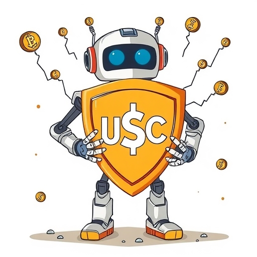 智能合約機器人手持 USDC 幣盾牌抵禦市場波動的奇幻插圖，代表 USDC 穩定幣的穩定性與安全保障