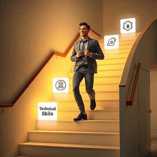 年輕專業人士自信登上發光階梯的面試過程插圖，象徵幣安嚴謹面試流程與技術文化適應英文能力考核