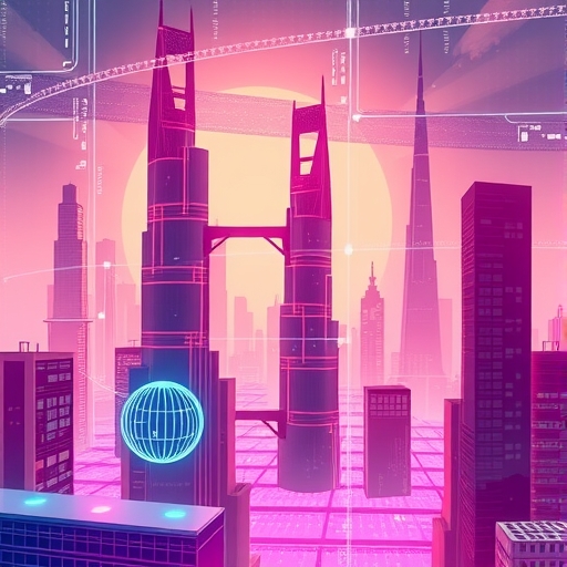 Solana 區塊鏈高速數據流動的未來城市抽象插圖