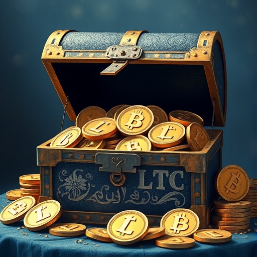 萊特幣 LTC 數位銀幣寶箱，象徵安全網路共識與社群成長的加密貨幣寶藏